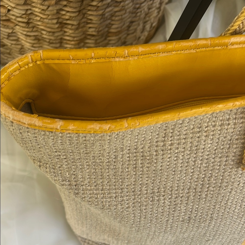 FENDI roll bag leather and woven raffia tote yellow/tan - Picture 4 of 17